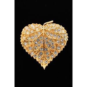MOD Vintage Leaf Pin Brooch Rhinestone Crystal Gold Sparkle Heavy Signed BinAP